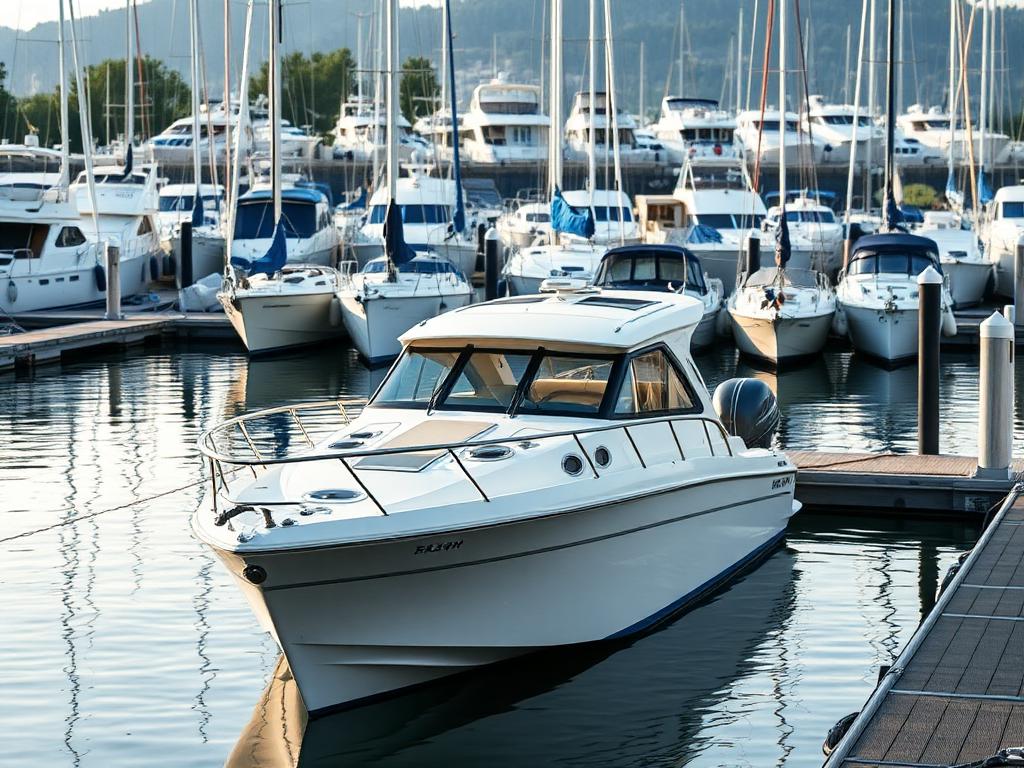 Lancha branca atracada em marina tranquila