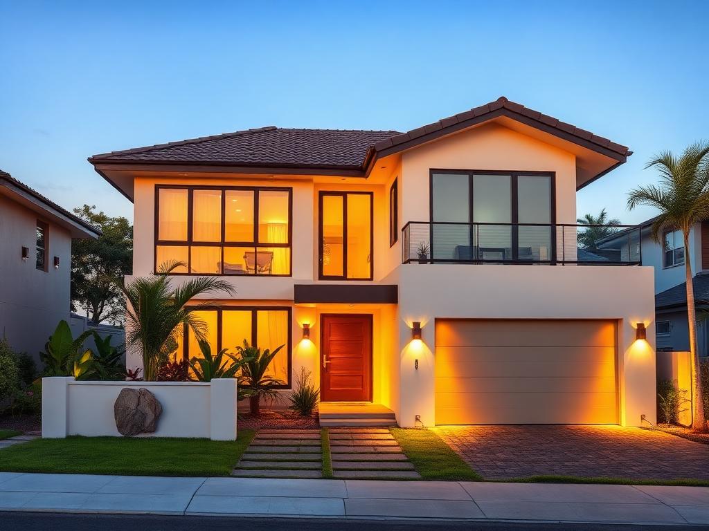 Casa residencial moderna iluminada ao fim do dia