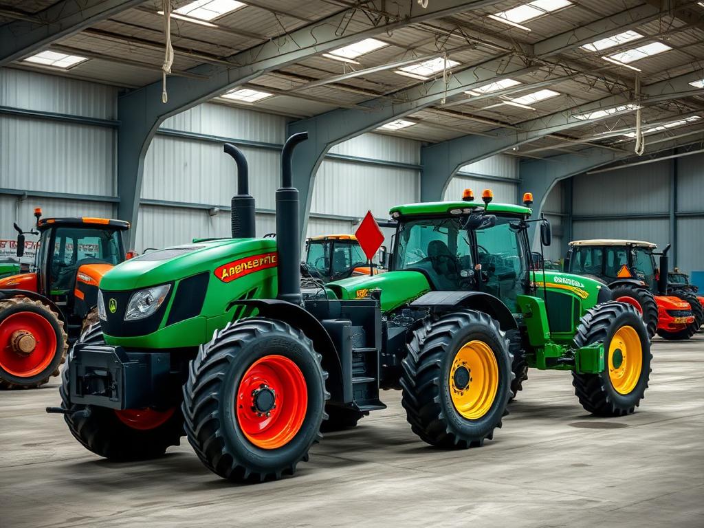 Tratores e implementos agrícolas em galpão de equipamentos