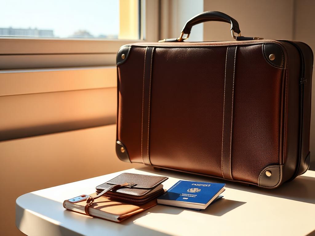Mala de viagem e passaporte sobre mesa clara com luz natural